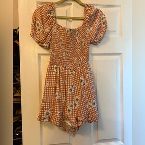 Peach Love California Orange Checkered Smocked Short Sleeved Romper